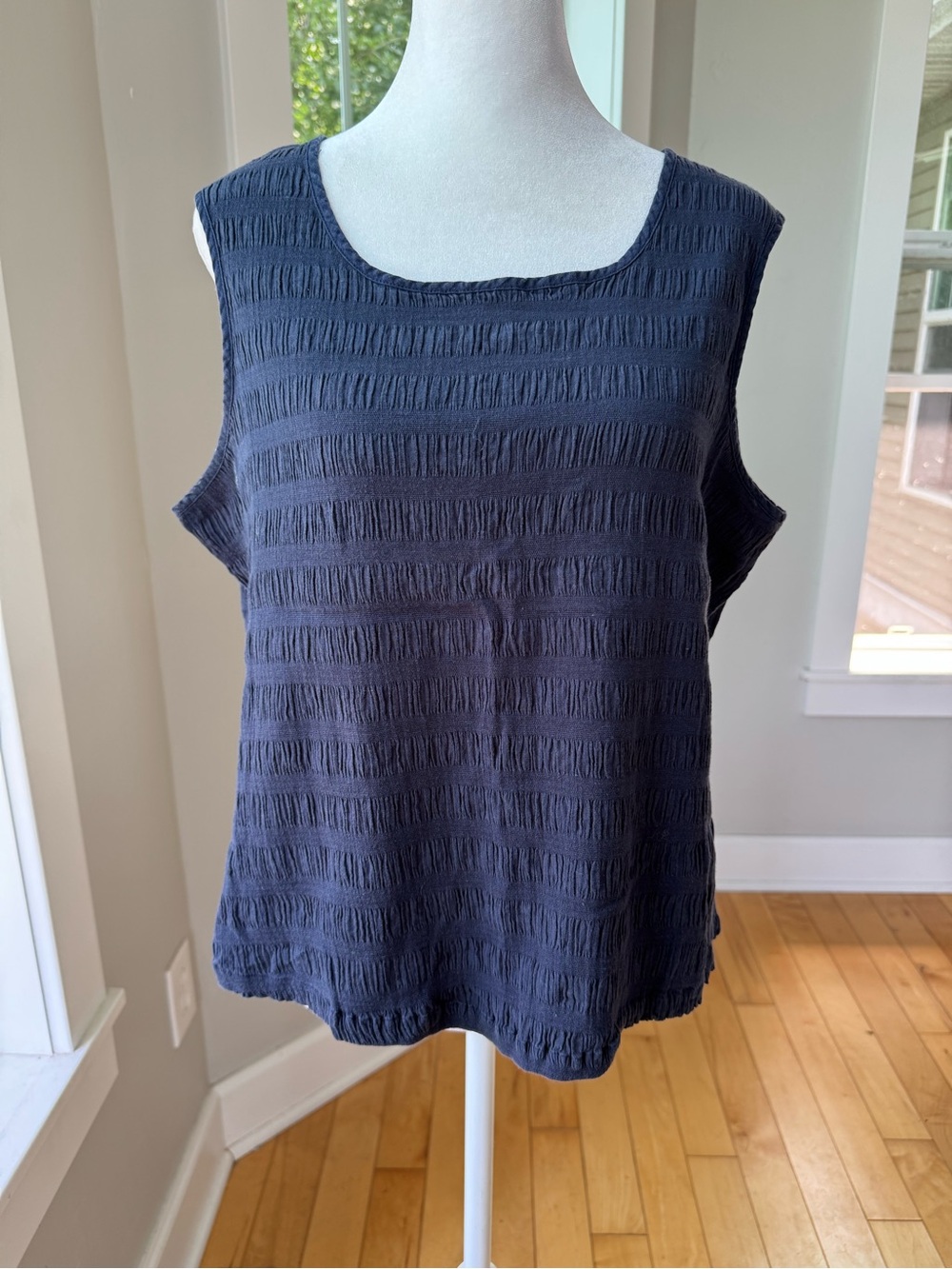 Vintage Navy Blue Textured Ruched Square Scoop Neck Tank Top Sz Large